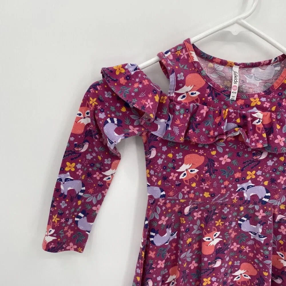 Fabkids Kids Fox Print Round Neck Long Sleeve Ruffle Trim Cold Shoulder Dress XS